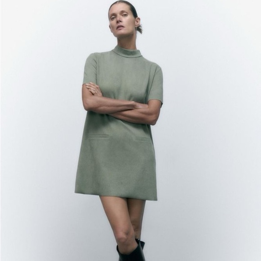 Zara Suede Green Short Sleeve Mini Dress